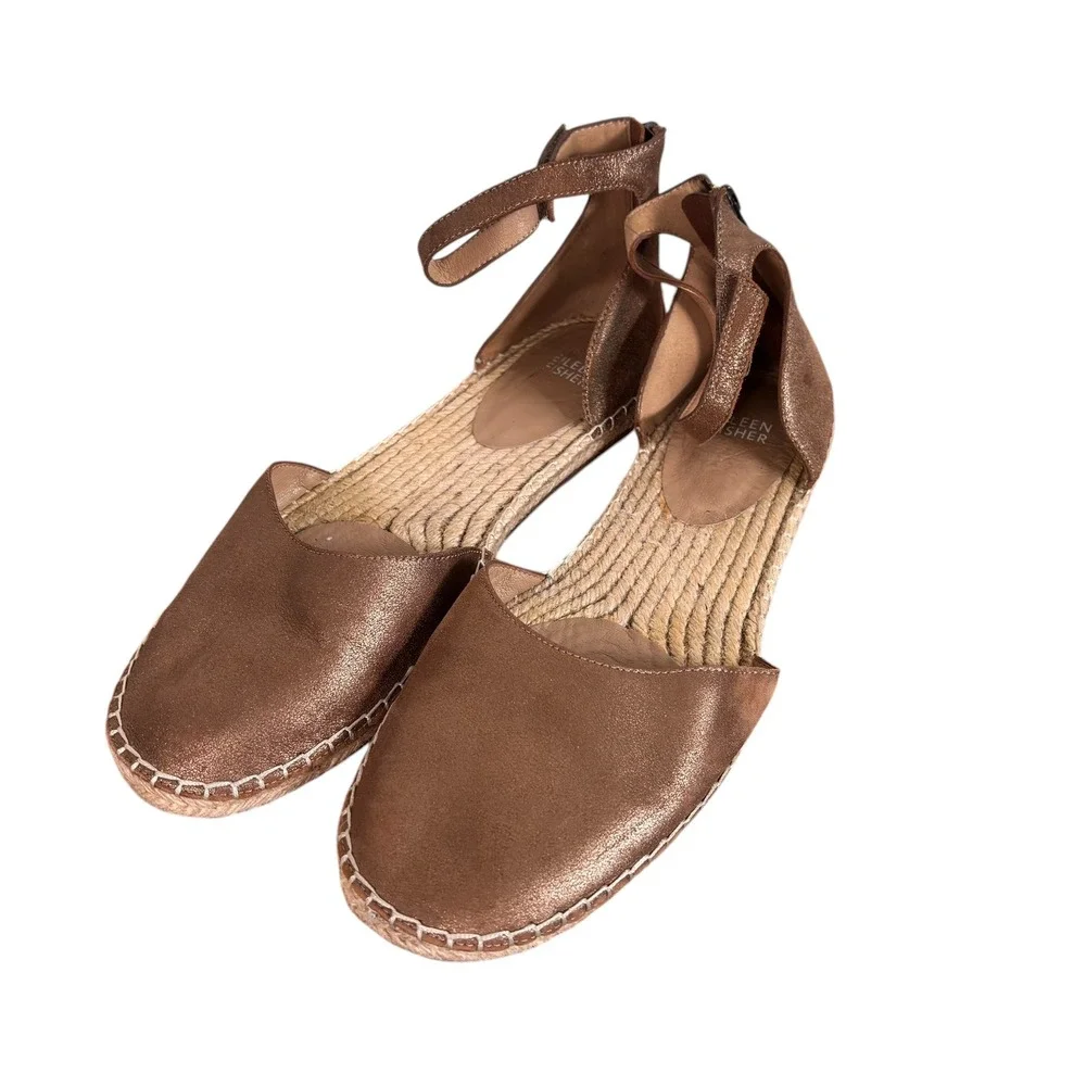 Eileen Fisher Womens Metallic Bronze Leather Ankle Strap Espadrille Sandals 11